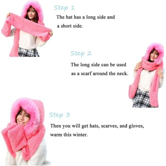 Winter Women Hoodie Hat Scarf Gloves Set Plush Fur Warm Casual Accessory main image 5